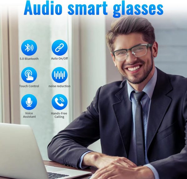 Bluetooth Audio Smart Glasses, Blue Light Glasses for Women and Men, Open Ear Sound with Mic & Speakers, Blue Light Filter & Polarized Sunglasses Lenses, Voice Assistant (Silver) - Image 2